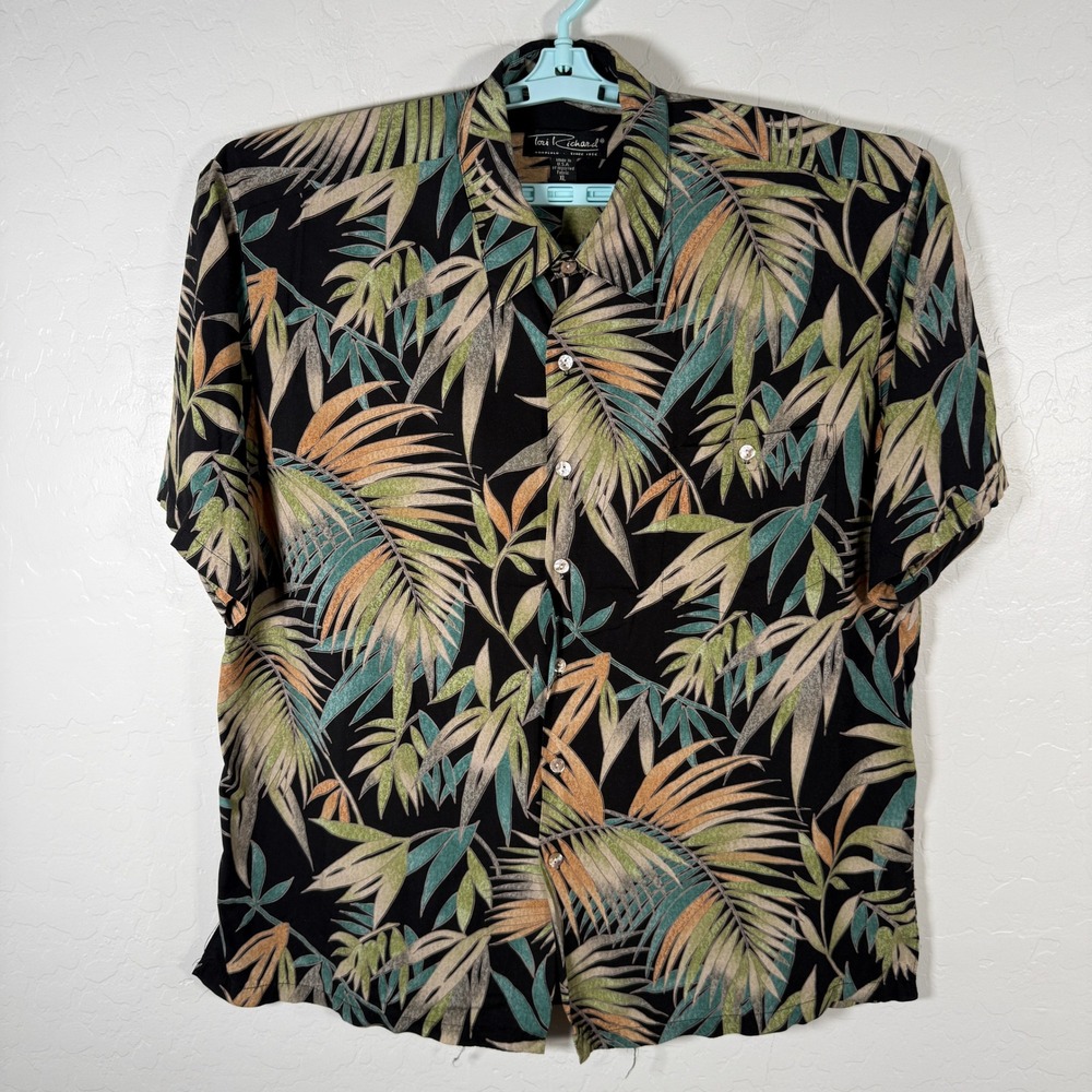 Tori Richard Shirt Mens XL Black Palm Leaf Hawaiian Camp Viscose Floral‎ Beach